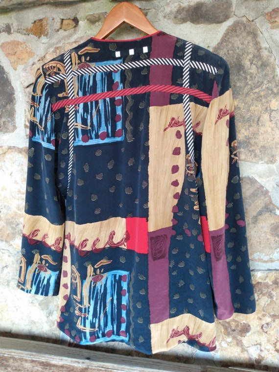 80s Silk Patchwork Jacket: Mosaic Print, Shoulder… - image 3