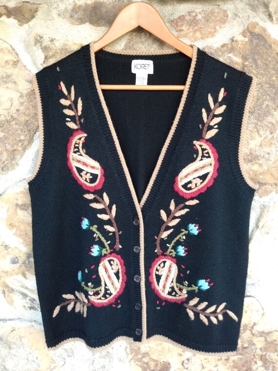 80s Black Embroidered Sweater Vest Large by Koret 