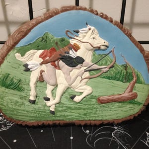 Vintage 70s Indian on Horseback Ceramic Plaque: Unglazed Faux Wood