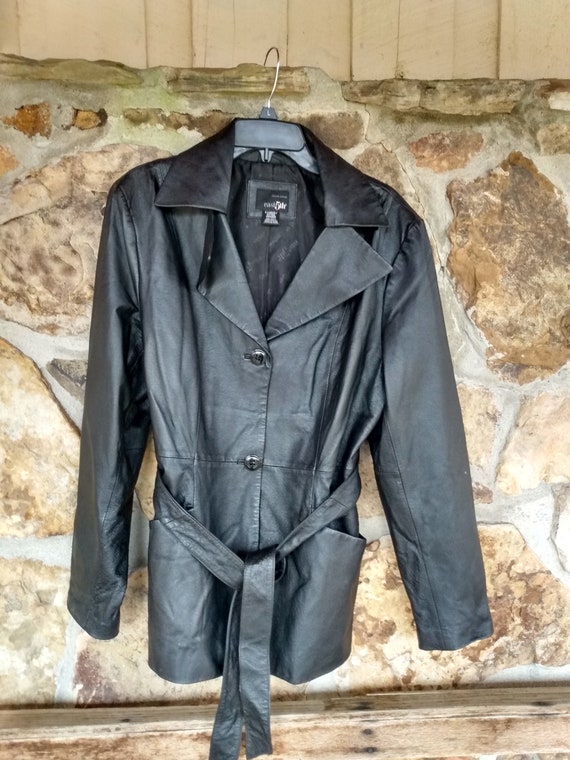 90s Leather Jacket Belted Wide Collar Pockets XL E