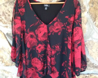 90s Sheer Rose Blouse: Black Red Floral Top 1X