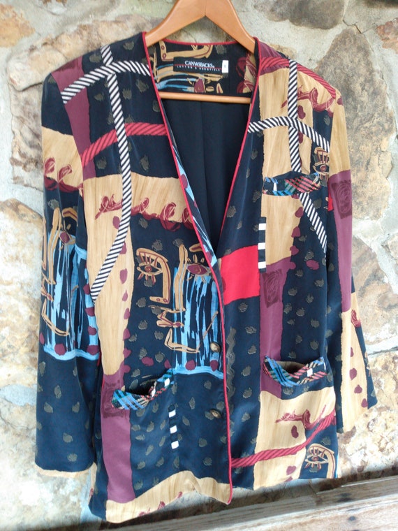 80s Silk Patchwork Jacket: Mosaic Print, Shoulder… - image 1