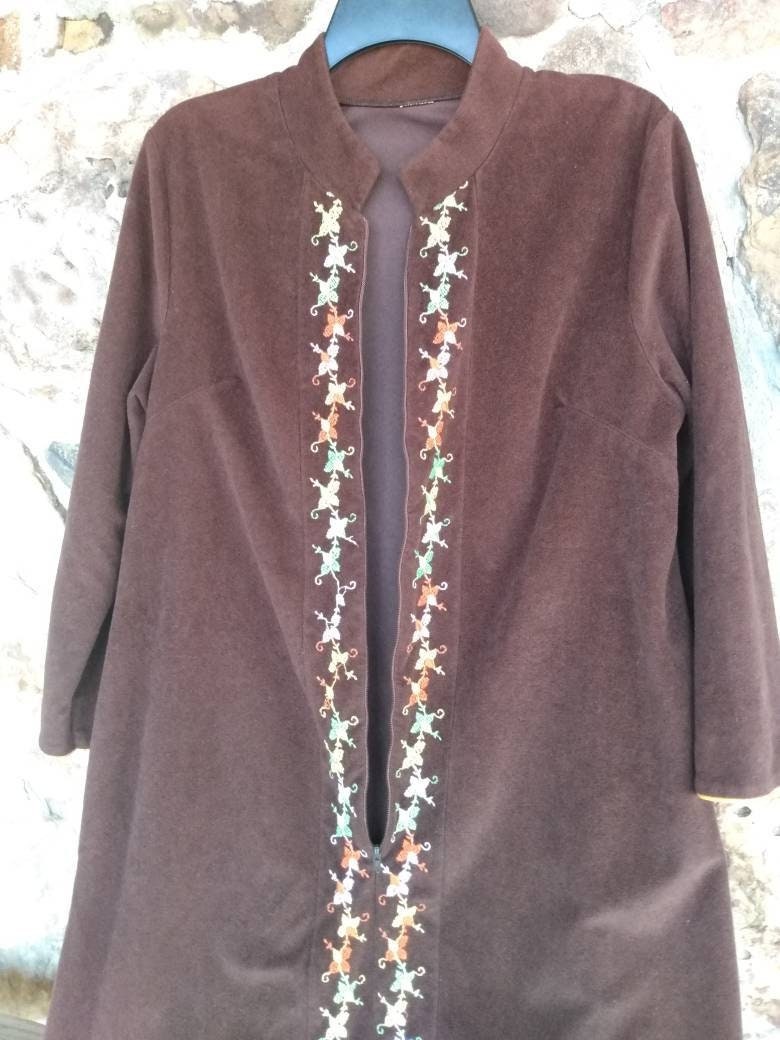 Vintage 70s Embroidered Flannel Robe Medium Brown Zip Front - Etsy