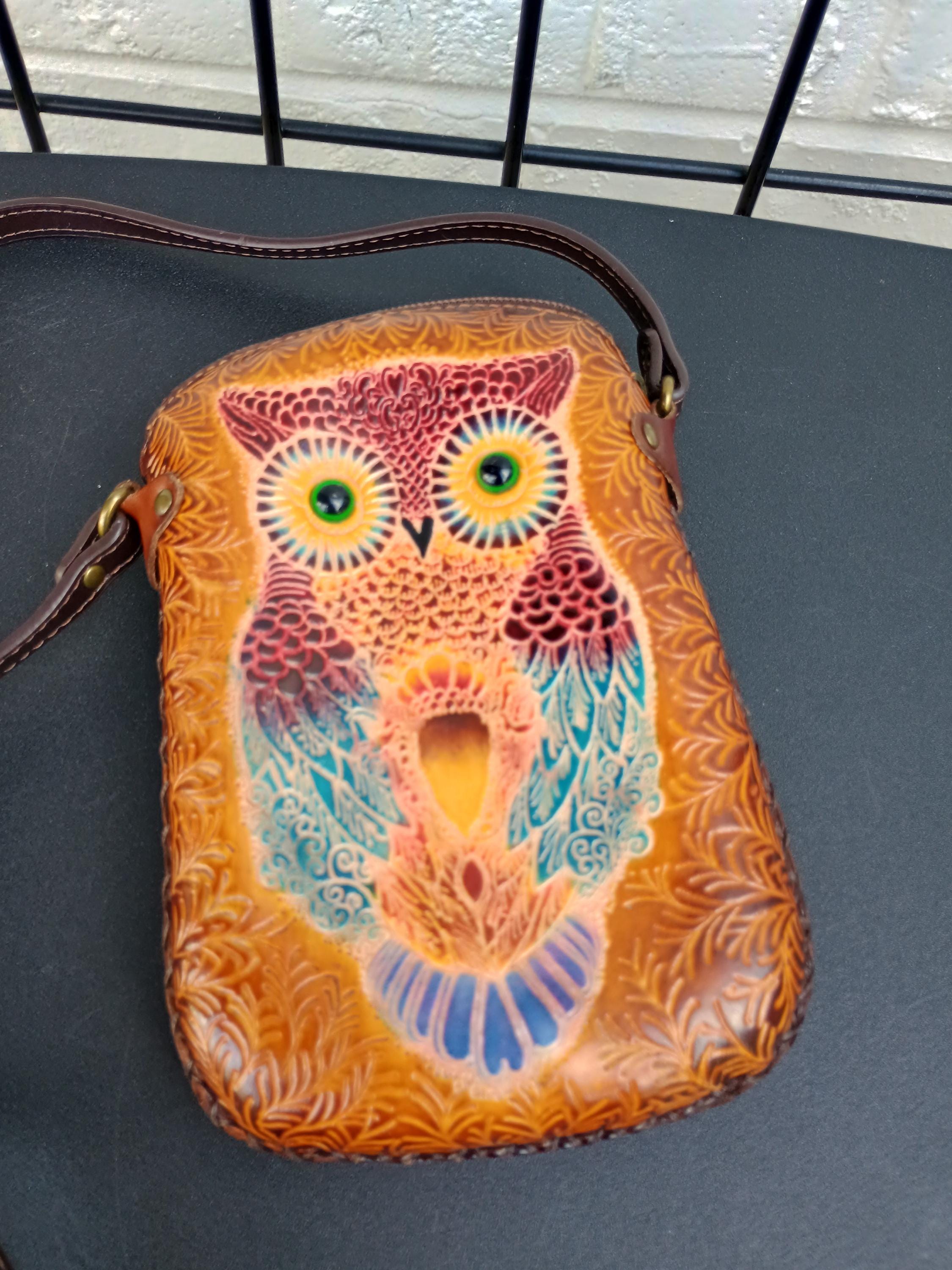 Tooled Leather Crossbody Mini Bag: Owl motif, Leather Strap, Zipper Top