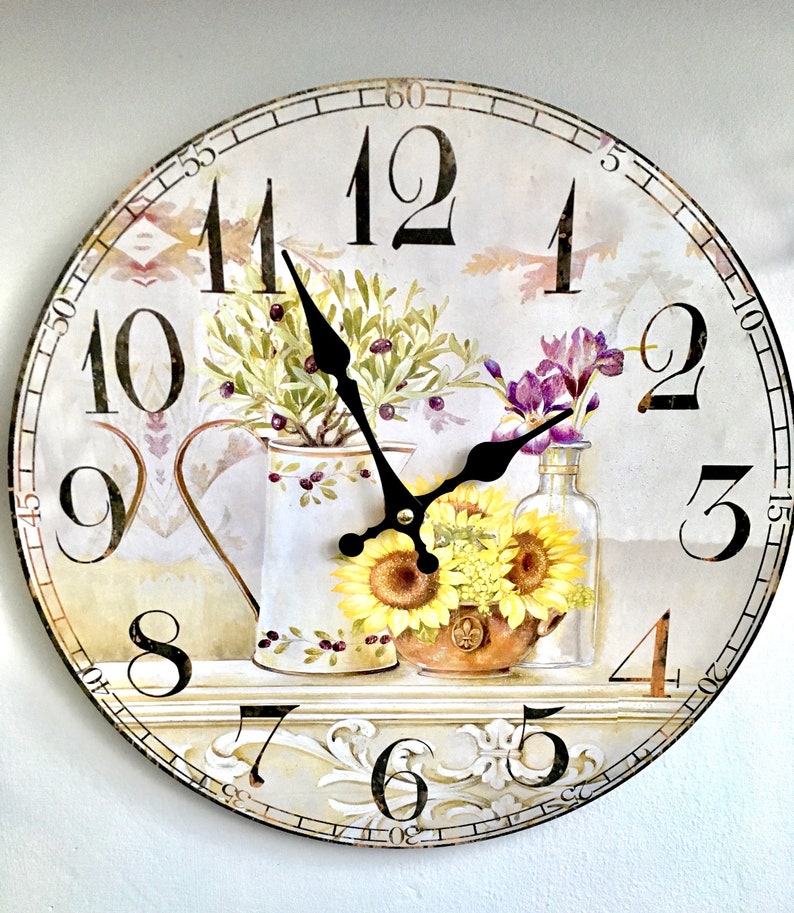 Sunflower Wall Clock Wooden Shabby Chic Farmhouse Kitchen Cottage