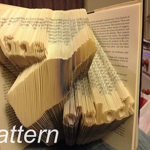 Op de afbeelding: Een boekkunstbeeld, ook wel boekvouwen genoemd, in de vorm van een vogel. Het beeld is gemaakt van de pagina's van een boek dat is gevouwen en gemanipuleerd om een driedimensionale vorm te creëren. Het boek is open en het beeld is zichtbaar vanaf de zijkant. Het woord "Pattern" is zichtbaar onderaan de afbeelding.