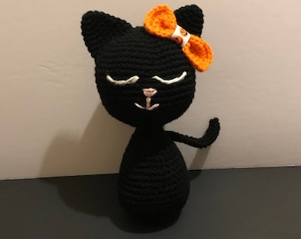 Black cat, crochetted stuffed animal, cute kitten, halloween cat, standing cat, sleepy cat, cute kids toy, nursery decor, handmade pets