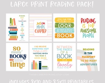 May include: A set of eight printable posters with colorful backgrounds and text about reading. The posters feature phrases like "Reading gives us someplace to go", "Just one more chapter", "You can find magic wherever you look", "Reading is for awesome people", "So many books, so little time", "I do believe something very magical happens when you read a good book", "Between the pages of a book is a lovely place to be", and "Reading is the passport to so many adventures".