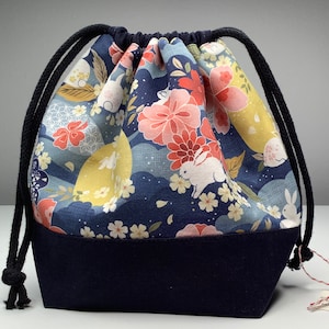 Drawstring project bag, knitting project bag, craft bag, small project bag, crochet bag, knitting bag, Japanese fabric, dark blue/black base