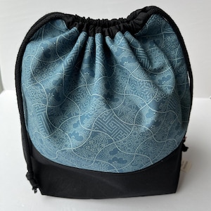 Medium/large drawstring project bag, knitting project bag, craft bag, crochet bag, knitting bag, traditional Japanese design, black base