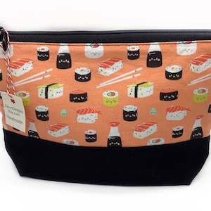 Makeup Bag, Zippered Pouch, black linen base, cotton lining, sushi accent fabric