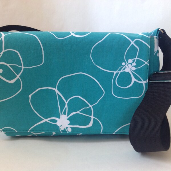 Small messenger bag, crossbody bag, Teal with white Flower pattern, Adjustable nylon strap, interior zippered pocket, 3 slot pockets