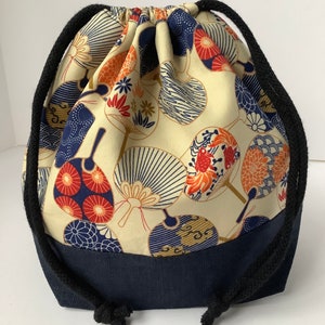 Drawstring project bag, knitting project bag, craft bag, small project bag, crochet bag, knitting bag, Japanese fans, blue base