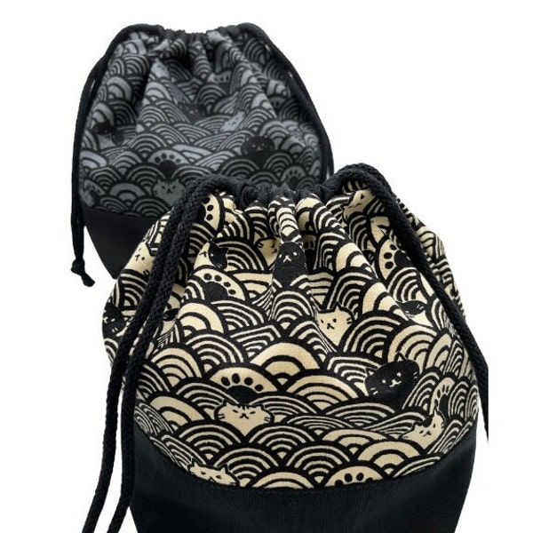 Drawstring project bag, knitting project bag, craft bag, small project bag, crochet bag, knitting bag, Japanese fabric, cats