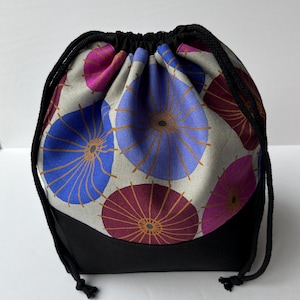 Medium/large drawstring project bag, knitting project bag, craft bag, crochet bag, knitting bag, Japanese parasols, black base