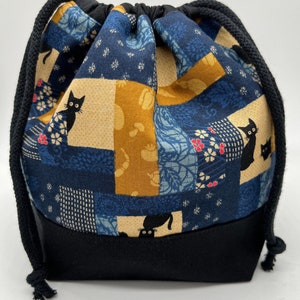 Drawstring project bag, knitting project bag, craft bag, small project bag, crochet bag, knitting bag, Japanese fabric, cats