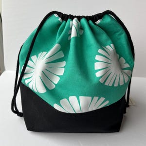 Medium/large drawstring project bag, knitting project bag, craft bag, crochet bag, knitting bag, modern flower design, black base