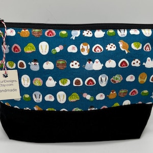 Bolsa de maquillaje, bolsa con cremallera, base de lino negro, forro de algodón, pájaros, conejos