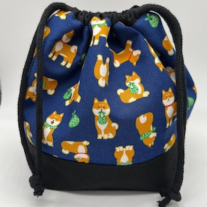 Drawstring project bag, knitting project bag, craft bag, small project bag, crochet bag, knitting bag, Japanese fabric, dogs, shiba inu