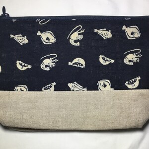 Makeup Bag, Zippered Pouch, natural Linen with traditional Japanese indigo fabric, cotton lining