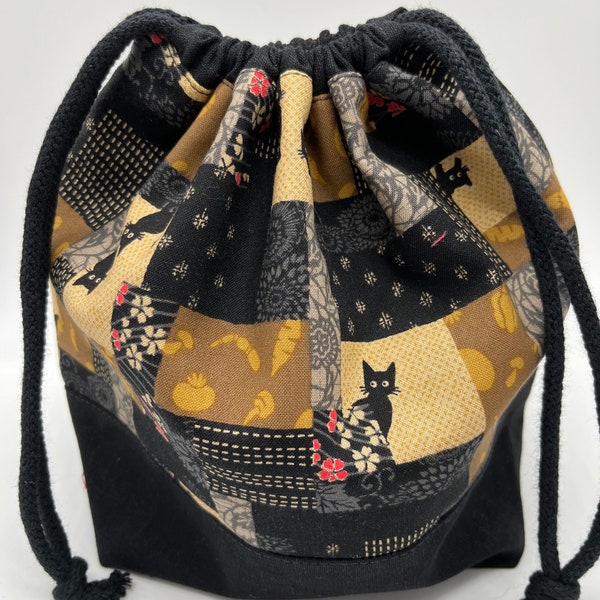 Drawstring project bag, knitting project bag, craft bag, small project bag, crochet bag, knitting bag, Japanese fabric, cats