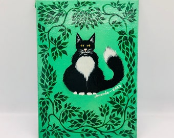 Black & White Tuxedo Cat wall art original acrylic painting on 5” x 7” / 13 cm x 17.5 cm canvas board, birthday gift