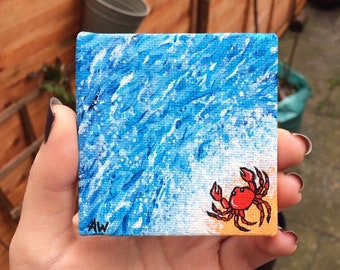 MINI ART Little Red Crab Painting, acrylic on 7 cm x 7 cm canvas , seaside, Birthday gifts, beach lovers