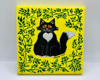 Peinture originale mignonne de chat noir et blanc sur toile 6 » x 6 » / 15 cm x 15 cm, art mural, cadeaux d’amoureux des chats, cadeau d’anniversaire