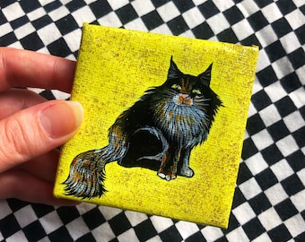 MINI ART Fluffy Cat Painting, acrylic on 7 cm x 7 cm canvas, Birthday gifts, cat lovers