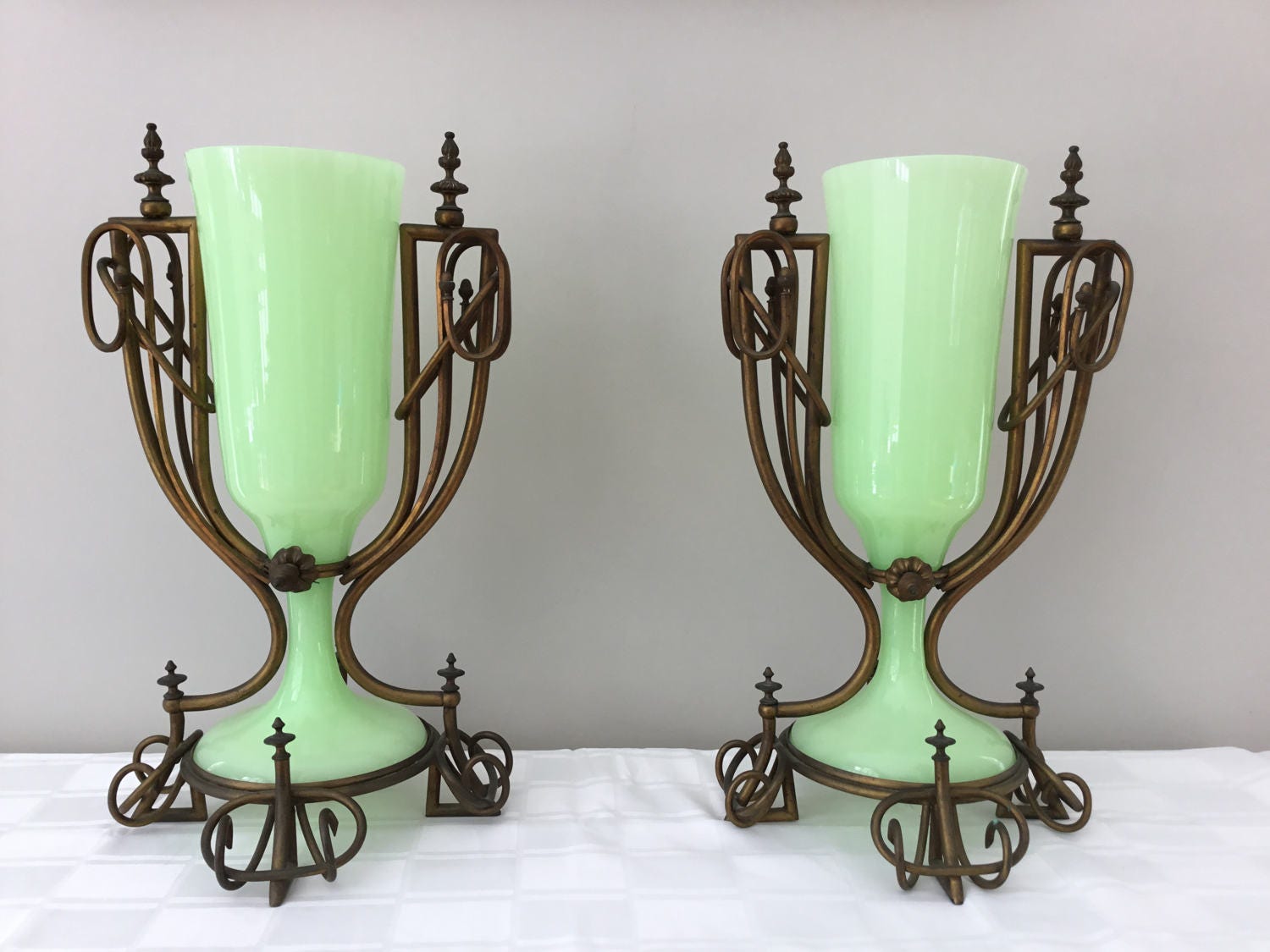 19th C. Bronze Mounted French Green Opaline Glass Vase Pair Monumental