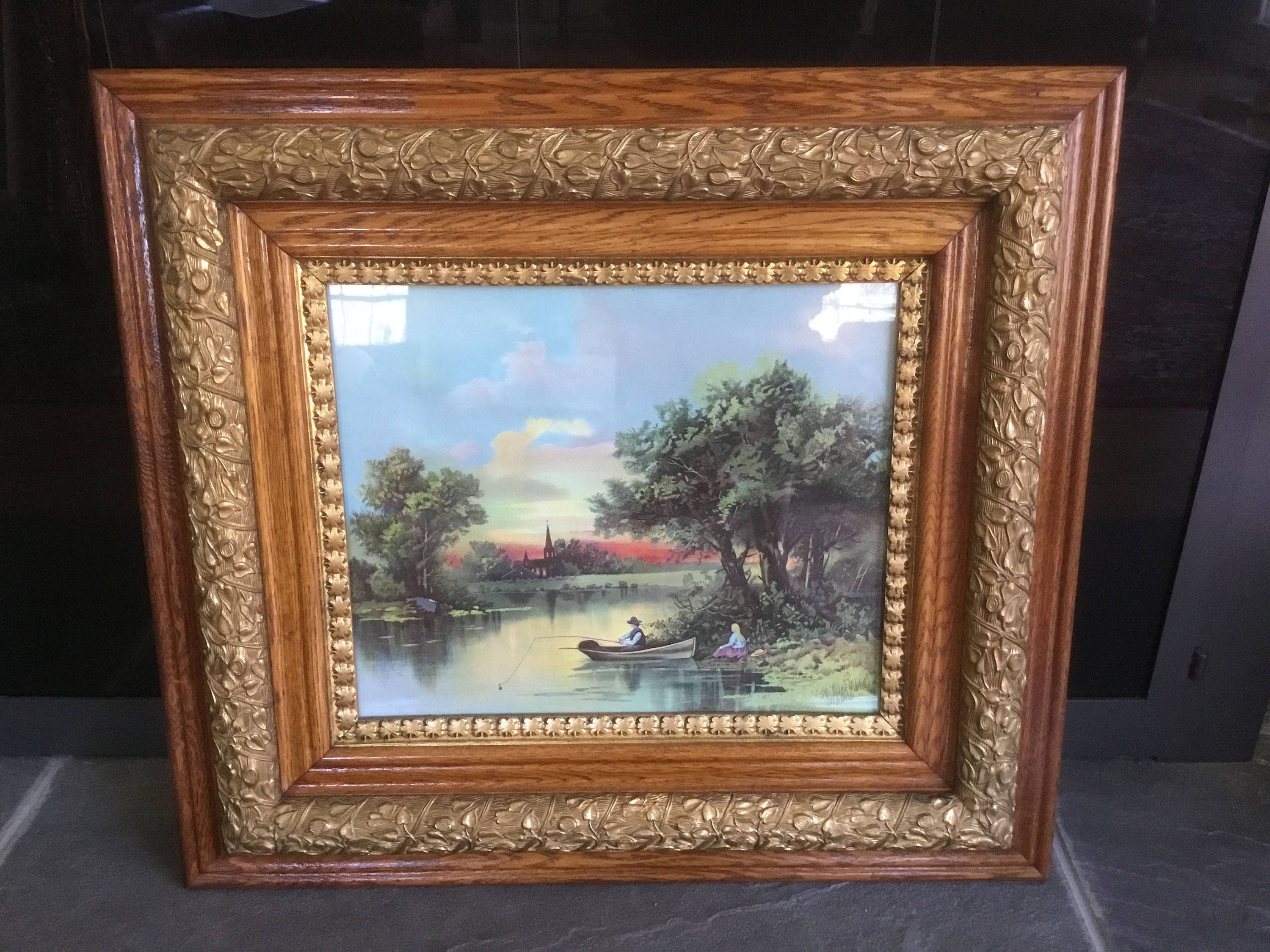 Antique Victorian Oak Gesso Frame Lake Scene Pond Print Old Etsy