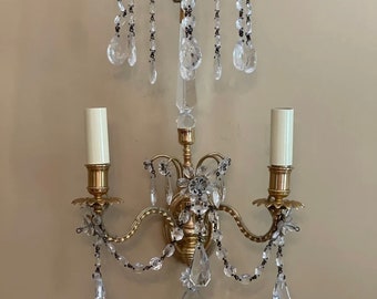 PAIR French Maison Bagues Crystal Dore Bronze Brass Wall Sconces