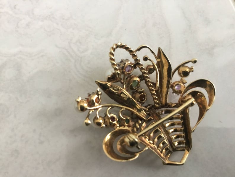 Vintage Retro 14kt Gold Flower Basket Brooch Pin Precious Stones Pearls