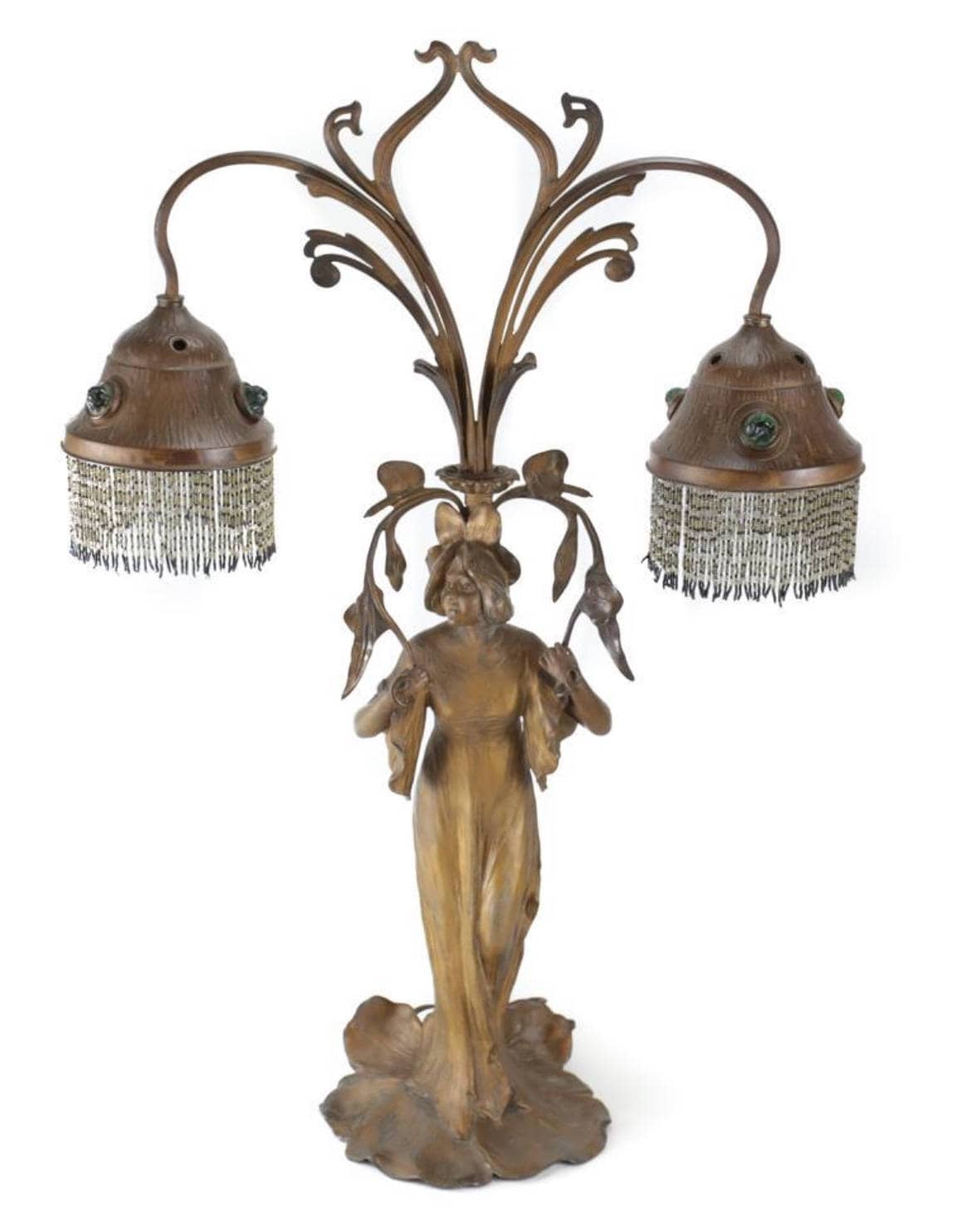 Antique Art Nouveau Bronze Spelter French Figural Desk Newel Post Antique Art Nouveau Bronze Spelter French Figural Desk Newel Post Lamp Jeweled Shade