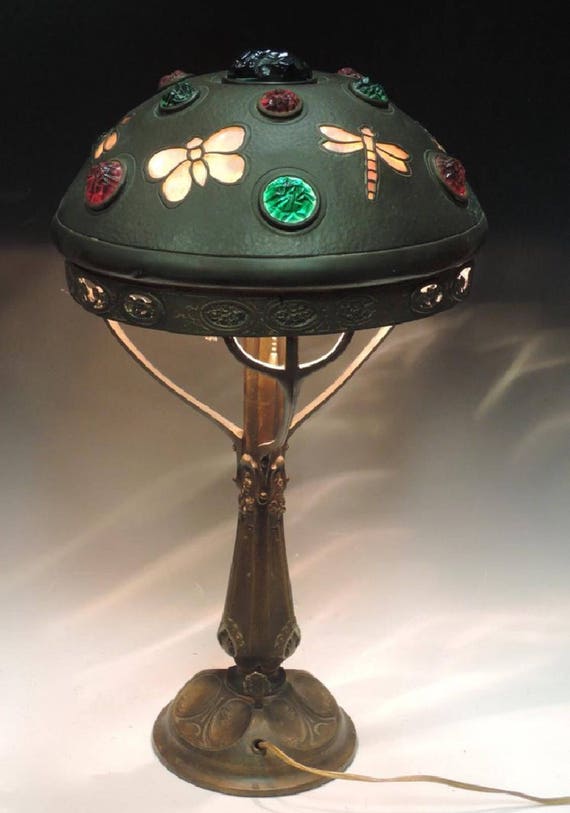 Antique Chunk Glass Jeweled Shade Lamp Dragonfly & Butterflies Etsy