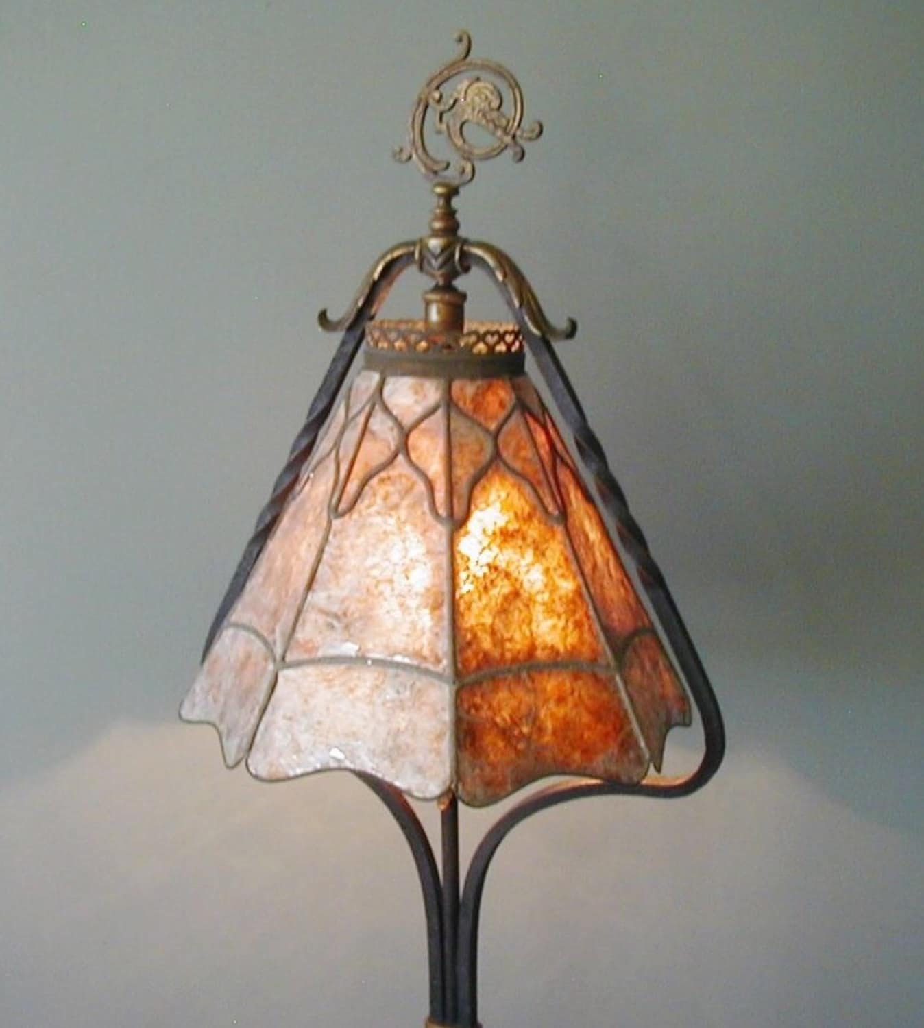 Antique Arts Crafts Mission Crest Lamp Co Chicago Wrought Iron Floor Antique Arts Crafts Mission Crest Lamp Co Chicago Wrought Iron Floor Mica Shade Oscar Bach Style