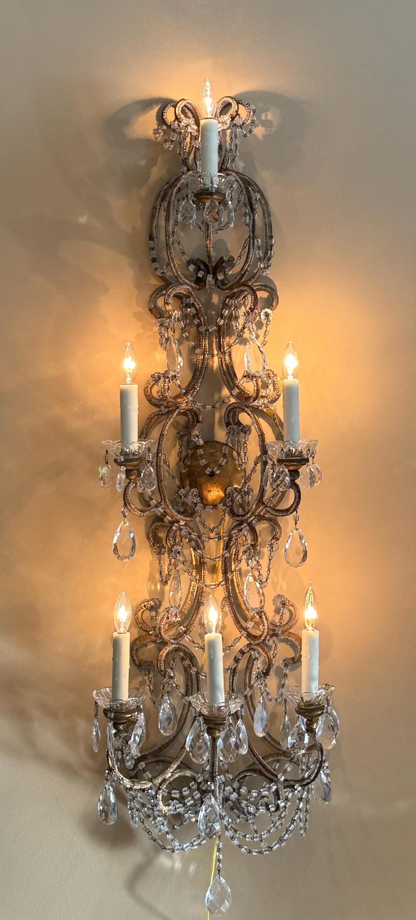 Antique PAIR French Italian Crystal Macaroni Beaded Chandelier Wall