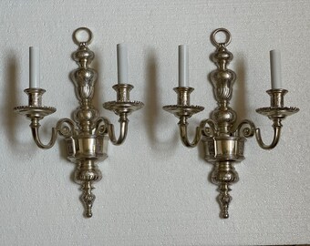 Antique Ornate Silver Plate English Georgian Style Wall Sconces Pair