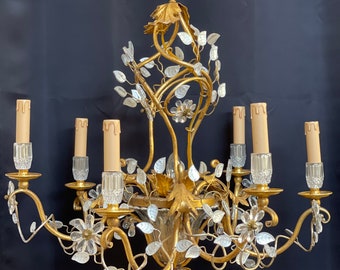 French Crystal Birdcage Flower Chandelier Gilt Metal Maison Bagues Style