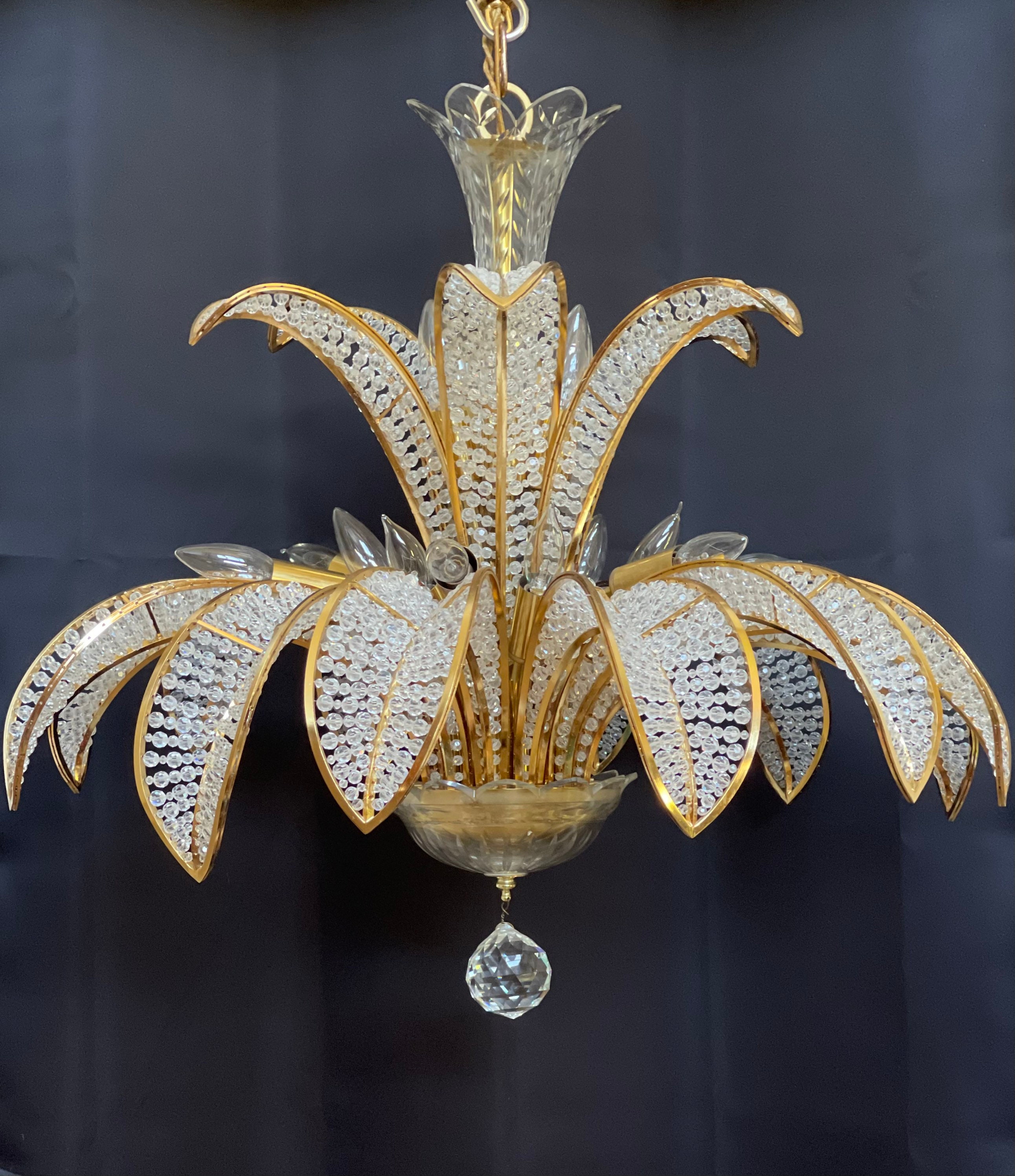 Vintage PALWA Crystal Beaded Palm Frond Chandelier Hollywood