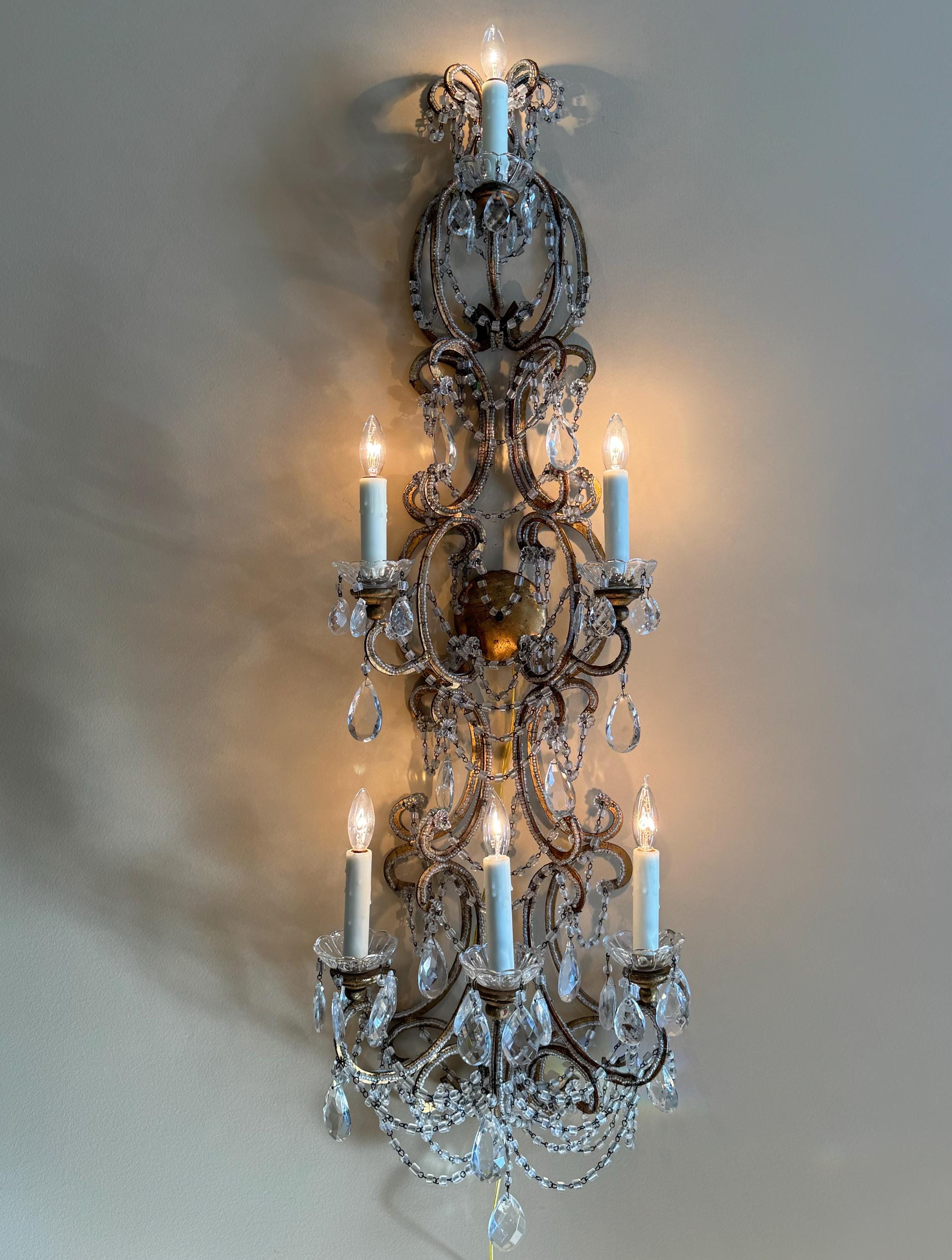 Antique PAIR French Italian Crystal Macaroni Beaded Chandelier Wall