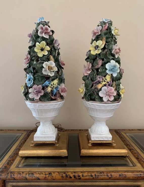 Vintage Italian Capodimonte Porcelain Topiary Tree Flower Lamp