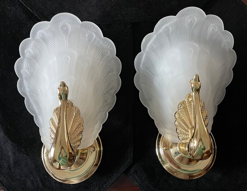 Pair Murano Peacock Wall Sconces Art Deco Nouveau Brass Etsy