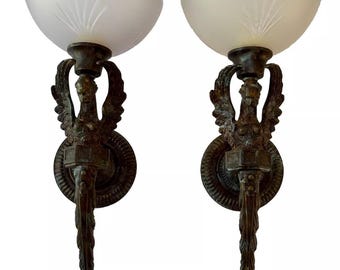 PAIR Bronze Art Deco Wall Sconce Egyptian Revival WADJET Goddess Torchiere Lamp