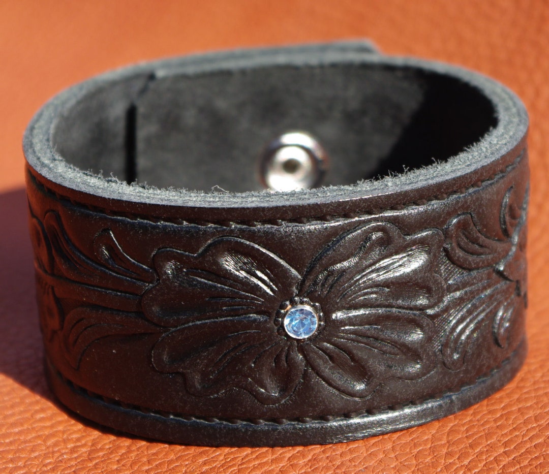 Leather Wrist Cuff Bracelet. Flower Pattern Crystal Accent Wide Leather Band Bracelet. Black