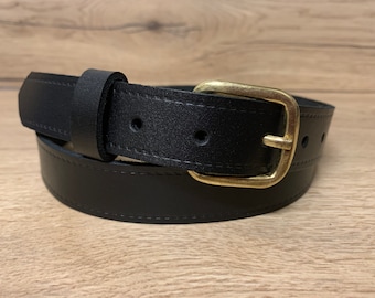 25mm Hand Made Real Leather Black Belt With Gilt Buckle And Leather Keeper From All sizes to XXXL