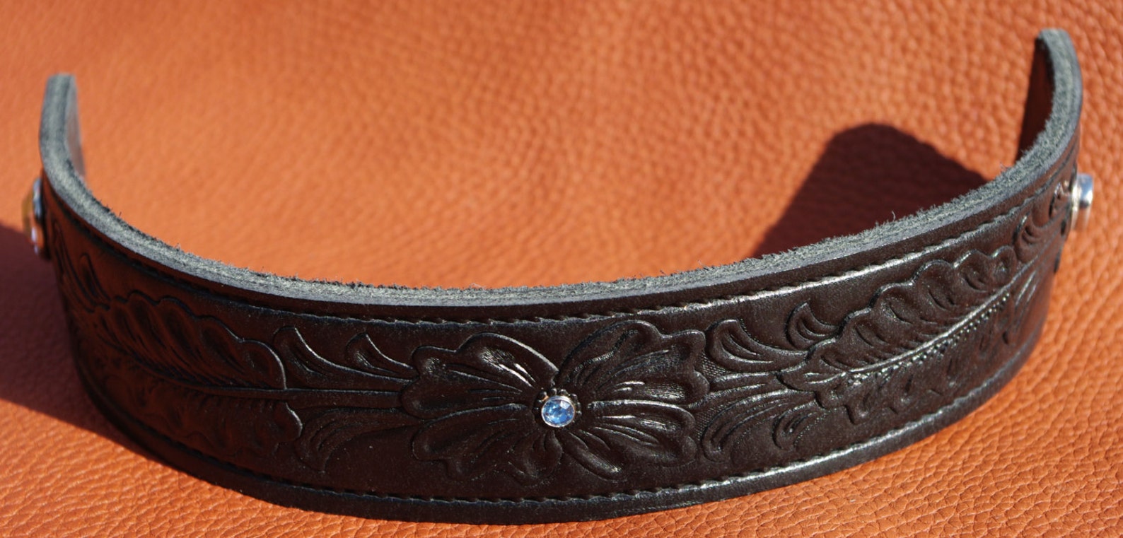 Leather Wrist Cuff Bracelet. Flower Pattern Crystal Accent Wide Leather Band Bracelet. Black