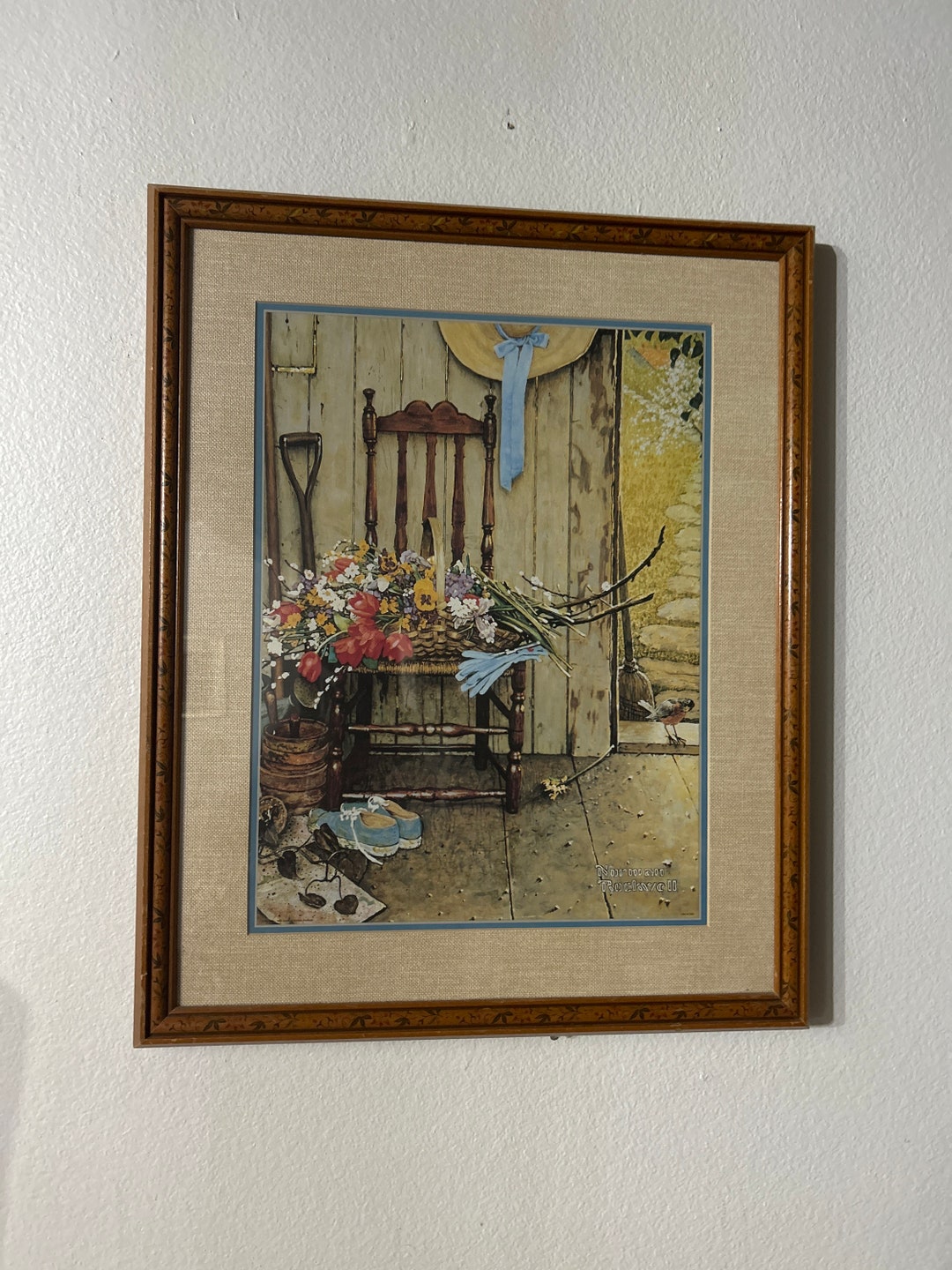 Vintage Norman Rockwell Framed Print Gardener Chair With Spring Flowers ...