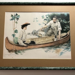 Howard Chandler Cristy “Canoe Mates” Lithograph Print. Home Decor, Wall Decor, Romance Prints, Courtship Prints.