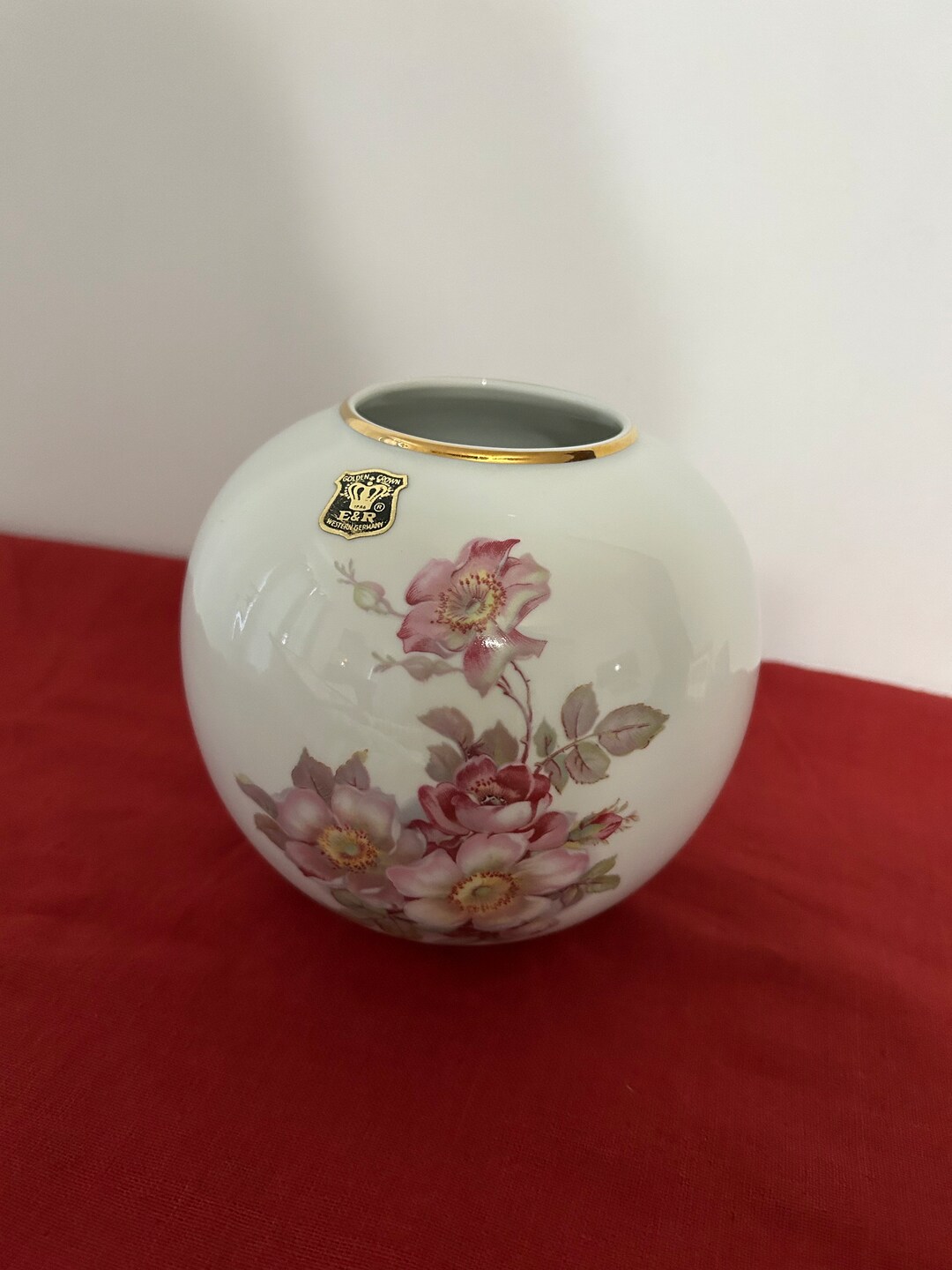 Vintage Gerold Porcelain Round Vase Hand Painted Floral Roses Embossed